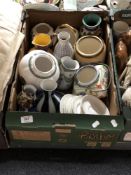 A box of miscellaneous china to include biscuit barrels, tea ware, pottery jug,