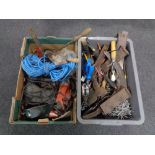 A box and a crate containing a large quantity of assorted hand tools, power tools, bungee cords,