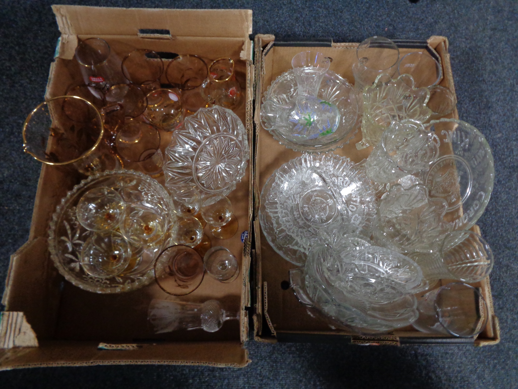 Two boxes of a large quantity of 20th century and later glass ware to include coronation plates and