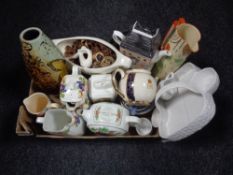 A box containing assorted china to include Ringtons water jug and teapots, Art Deco jug etc.