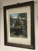 An Edwardian oak framed picture depicting a soldier sat on a rock in Jesmond Dene