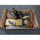 A box containing folding chrome music stand, hunting knife, antique copper teapot,