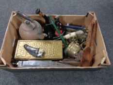 A box containing folding chrome music stand, hunting knife, antique copper teapot,