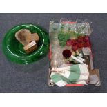 A 20th century green glass bowl centre piece together with a further box containing table linens,