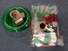 A 20th century green glass bowl centre piece together with a further box containing table linens,