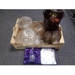 A box of assorted glass ware to include glass cloches, assorted drinking glasses,