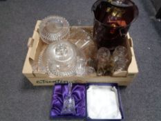 A box of assorted glass ware to include glass cloches, assorted drinking glasses,