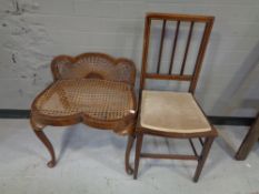 A shaped walnut dressing table stool with bergere back on Queen Anne style legs (Af) together with
