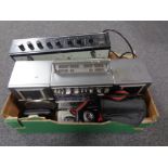 A box containing assorted electricals to include an Eagle public address amplifier,