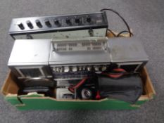A box containing assorted electricals to include an Eagle public address amplifier,