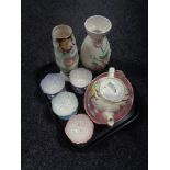 A tray of eight pieces of Maling to include sundae dishes, teapot,