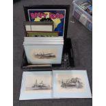A box of assorted framed pictures to include black and white mining photographs and pitts