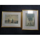 Two David Roberts prints, View under the Grand Portico and Statues of the Memnon at Thebes.