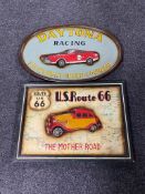 Two wooden relief panels, Daytona Racing and Route 66.