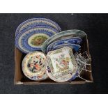 A tray containing a quantity of antique and later wall plates to include Imari examples,