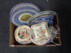 A tray containing a quantity of antique and later wall plates to include Imari examples,