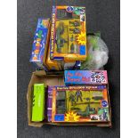 Two boxes containing assorted toys to include remote controlled cars,