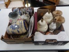 Two boxes containing a quantity of miscellaneous china to include antique tea ware, pottery vase,