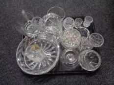 A tray containing a quantity of assorted glassware to include lead crystal fruit bowl, vases,