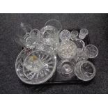 A tray containing a quantity of assorted glassware to include lead crystal fruit bowl, vases,