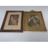 Two antique framed prints, Spinning wheel and Lady Hamilton, together with one other.