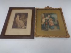 Two antique framed prints, Spinning wheel and Lady Hamilton, together with one other.