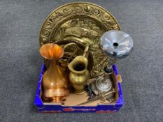 A box containing metal wares to include smoker's stand, brass embossed wall plaques, brass jug,