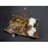 A box containing a quantity of assorted brass table lamps, brass and cut glass table lamp,