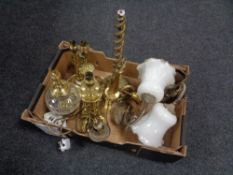 A box containing a quantity of assorted brass table lamps, brass and cut glass table lamp,