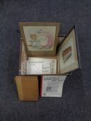 An interesting collection of books and items to include - a framed Indenture, Beatrix Potter print,
