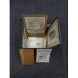 An interesting collection of books and items to include - a framed Indenture, Beatrix Potter print,