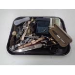 A tray containing miscellaneous to include dressmaker's scissors, assorted watches, silver rings,