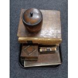 A tray containing two antique leather bound volumes, Johnson's Dictionary,