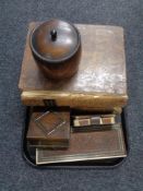 A tray containing two antique leather bound volumes, Johnson's Dictionary,