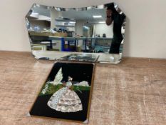 A 1930s frameless bevel edged mirror together with an Edwardian foil print on glass depicting a