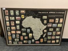 A colour print depicting the story of Africa in stamps, 92 x 62 cm, framed.