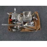 A box containing commercial kitchenalia to include scales, two can openers, milk jug,