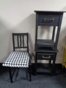 A painted Ikea dining chair together with a pair of painted bedside tables, fitted a drawer.