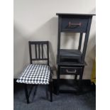 A painted Ikea dining chair together with a pair of painted bedside tables, fitted a drawer.