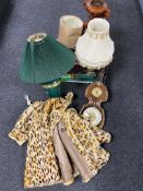 A box containing assorted table lamps, glass shades, contemporary barometer, a cheetah print coat.