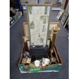 A box containing assorted framed pictures and prints, brass candlestick, vintage typewriter, china,