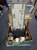 A box containing assorted framed pictures and prints, brass candlestick, vintage typewriter, china,