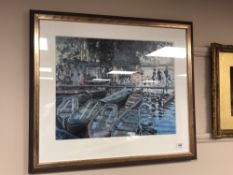 Continental School : Boats on a lake, colour print, framed,