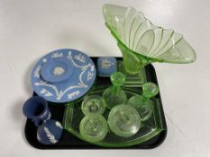 A tray of five pieces of Wedgwood Jasperware together with a 1930's green glass vase,