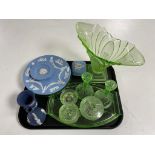 A tray of five pieces of Wedgwood Jasperware together with a 1930's green glass vase,