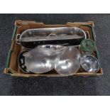 A box containing kitchenalia to include stainless steel fish kettle,