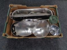 A box containing kitchenalia to include stainless steel fish kettle,