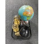 A tray containing illuminated globe, a dressing table clock,