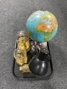 A tray containing illuminated globe, a dressing table clock,