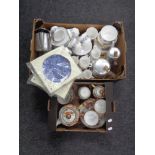 Two boxes containing Ringtons chintz china, Queen Anne china, Picquot ware teapots,